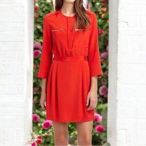 Theory Brunella Basque Silk Blend Long Sleeve A Line Casual Shirt Dress Red 00